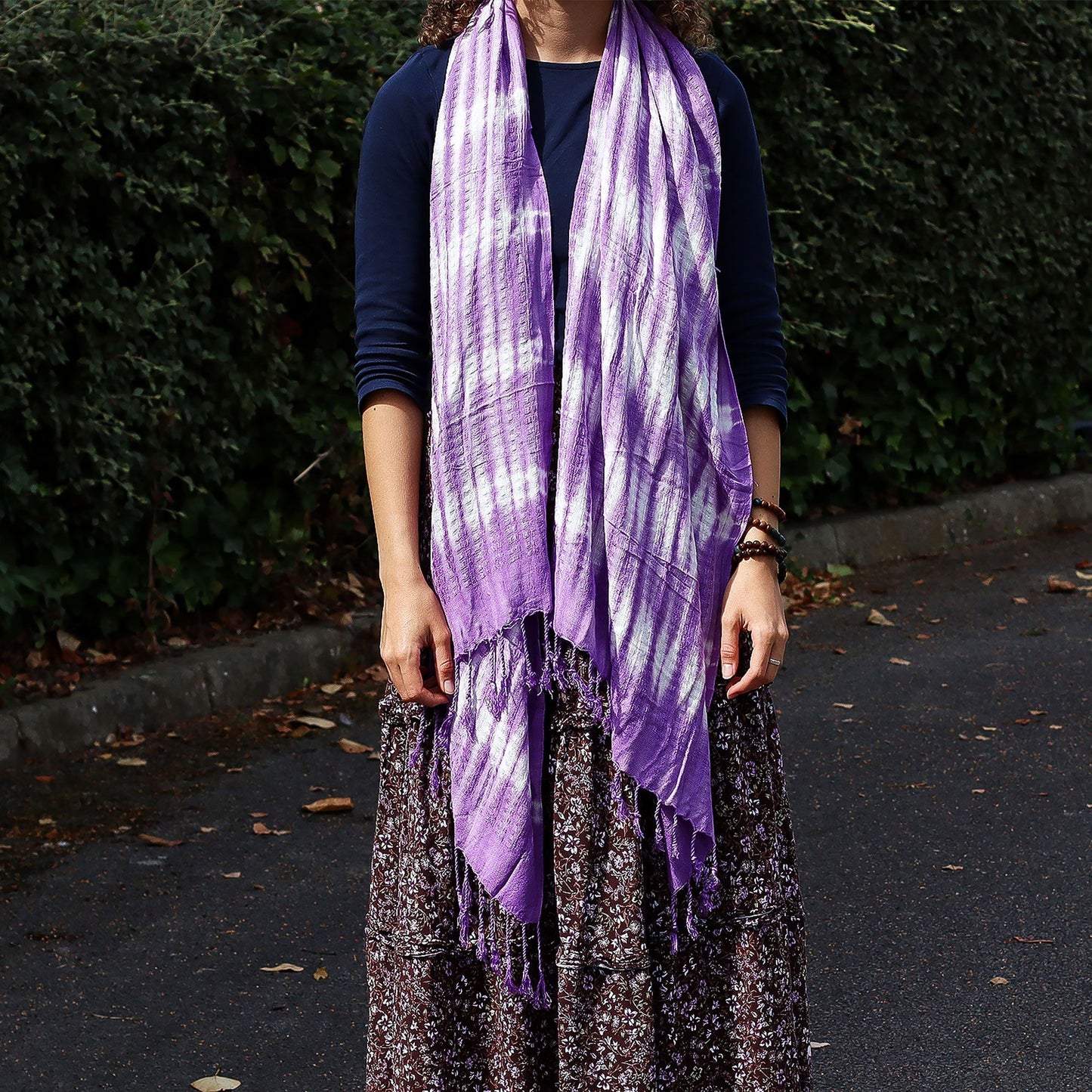 Boho Java Art Stole/Scarf - Lavender Stripes & Motiff - 62x200cm