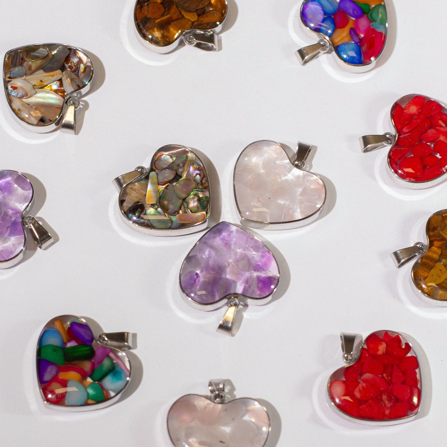 Steel Cased Pendant Hearts - 12 Assorted Gemstone Chips & Shells