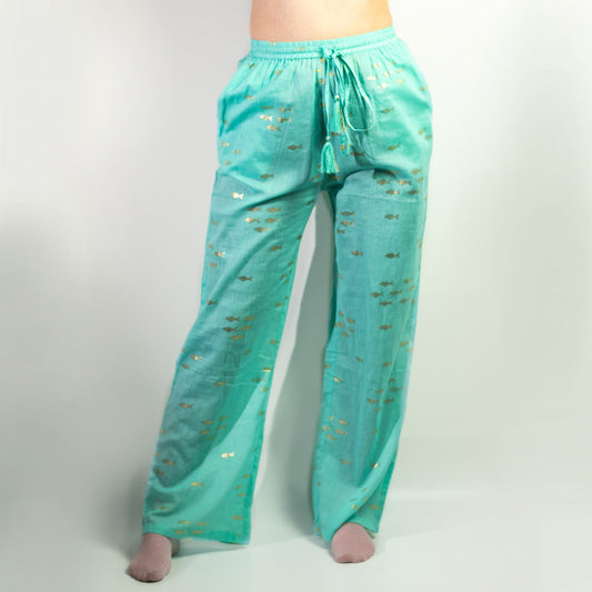(LXL) Nomad Sari On the Med Collection - Lounge Pants - Turquoise & Gold Fish Design