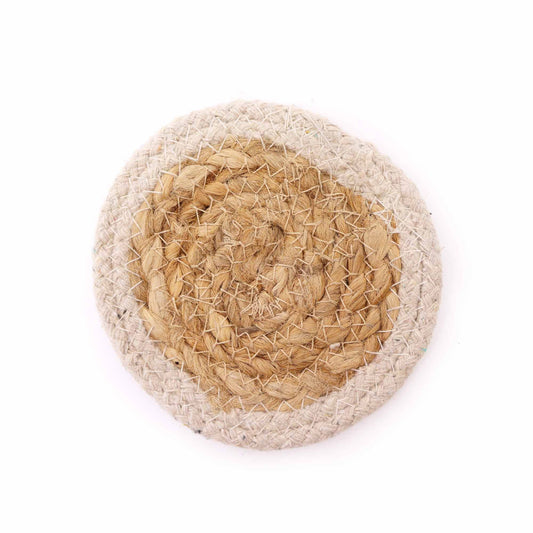Natural Coaster - Jute & Cotton 10cm (set of 6) Mixed colours in basket
