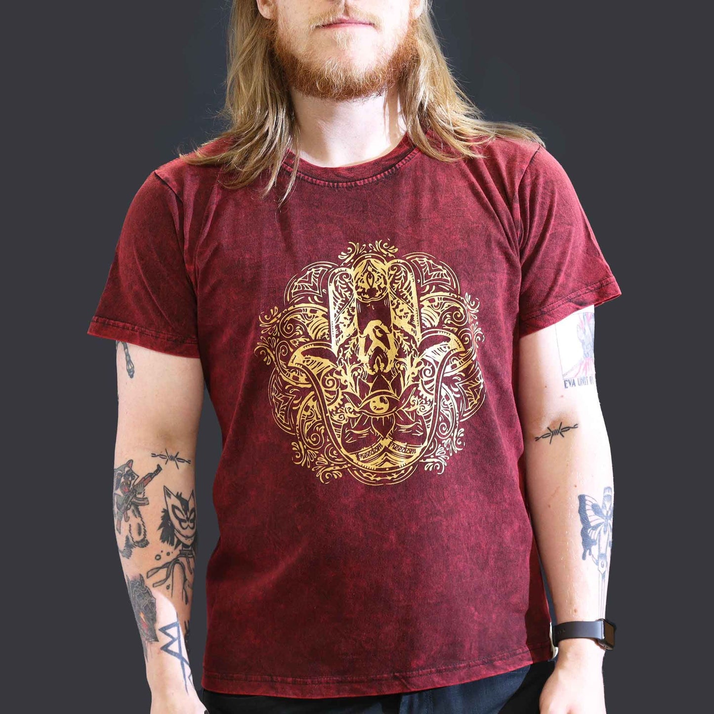 Large Stone Washed T-Shirt - Hamsa - Maroon