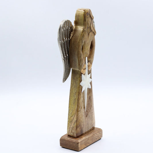 Large Mango Wood Peace Angel Metal Wings & Enamel Detail