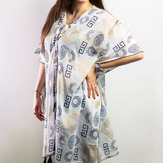 Nomad Sari On the Med Collection - Kaftan - Gold & Blue Greek Motiff - Handpainted
