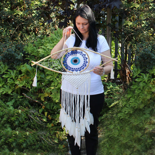 Protection Dream Catcher - Lrg Macrame Evil Eye White/ Blue/Grey