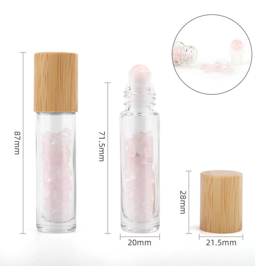 Gemstone Essential Oil Roller Bottle - Rose Quartz - Wooden Cap