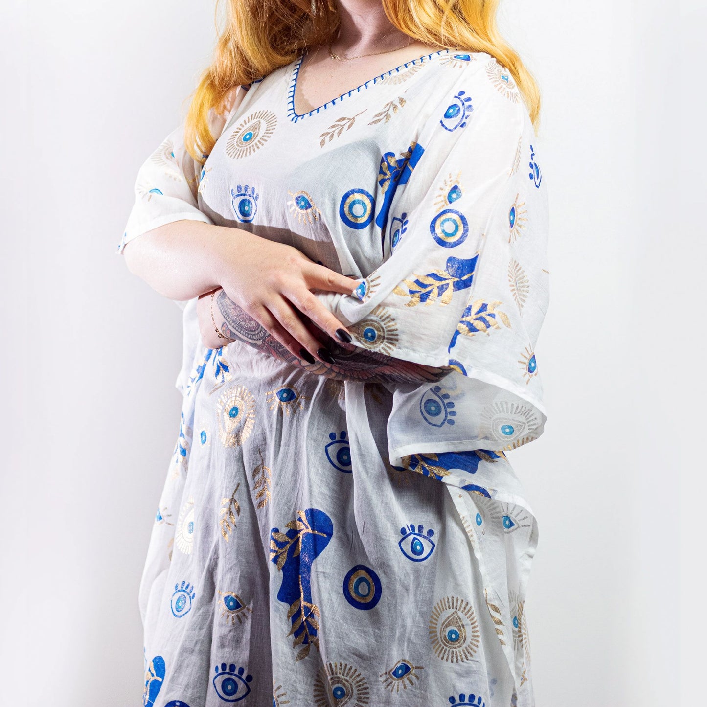 Nomad Sari On the Med Collection - Kaftan - White , Blue & Gold Evil Eye Design