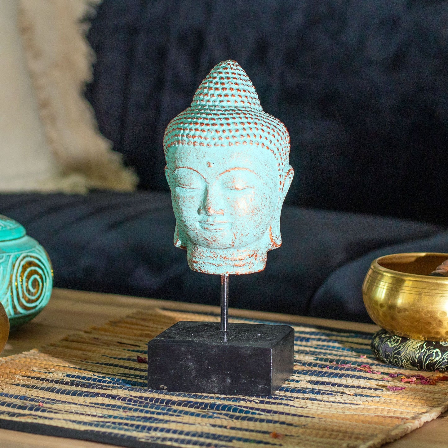 Stillness Buddha Head on Stand - Green Copper