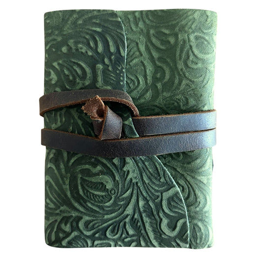 Fat Deckled Leather Notebook – Green Maze Pattern – 12.7×8.9 cm