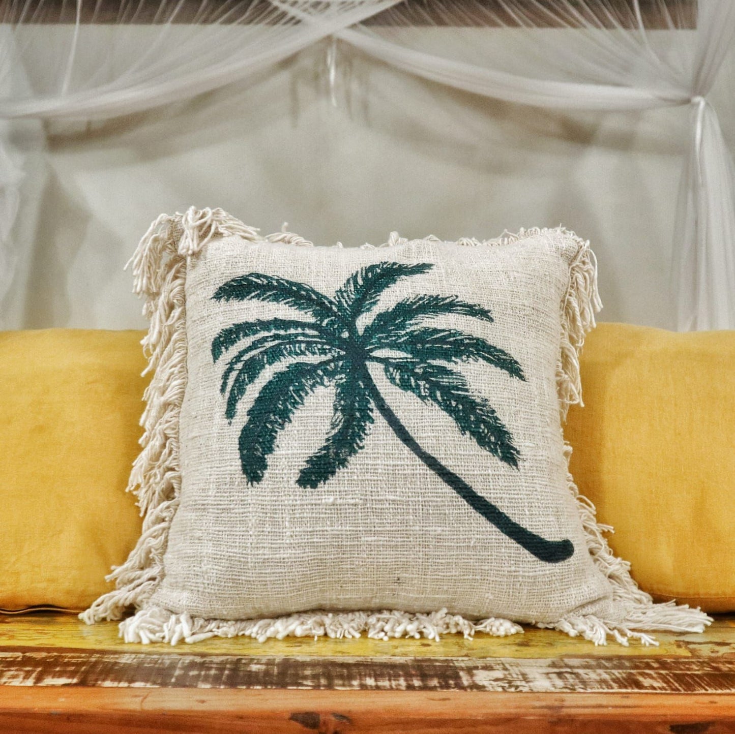 Linen Cushion Cover 45x45cm Palm Tree  with Fringe