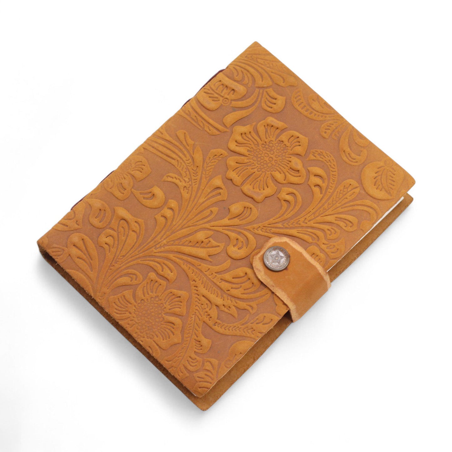 Leather Embossed Notebook – Tan Floral Pattern –  17.8×12.7 cm