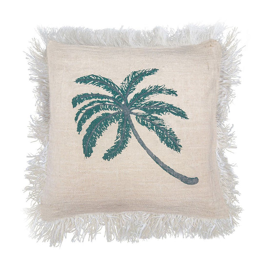 Linen Cushion Cover 45x45cm Palm Tree  with Fringe