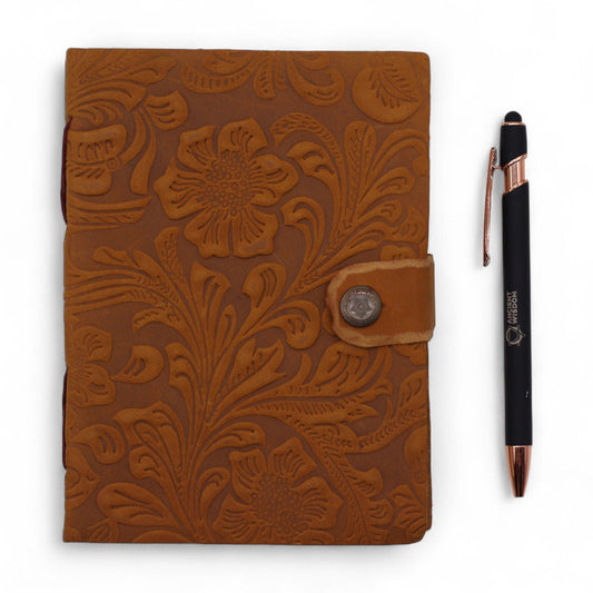 Leather Embossed Notebook – Tan Floral Pattern –  17.8×12.7 cm