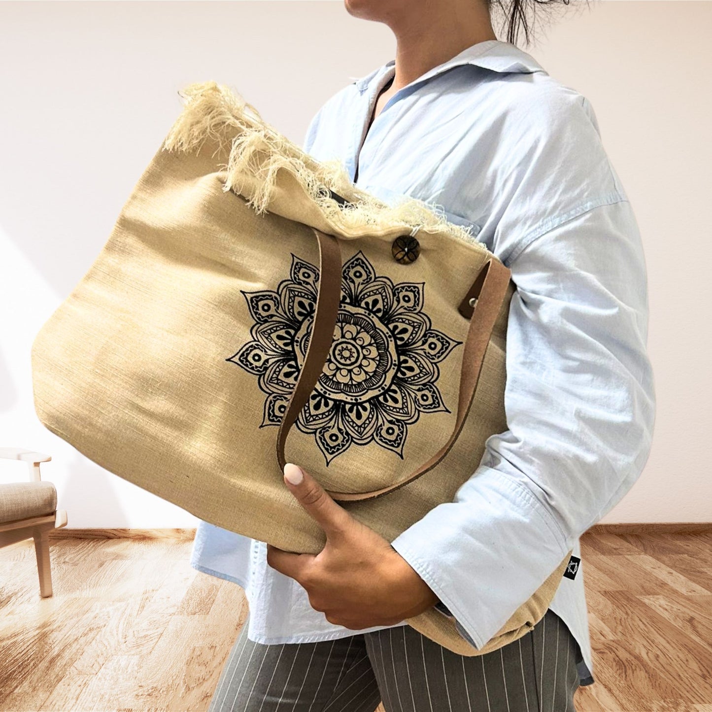 Natural Tote Bag Leather Handle - Flower of Life