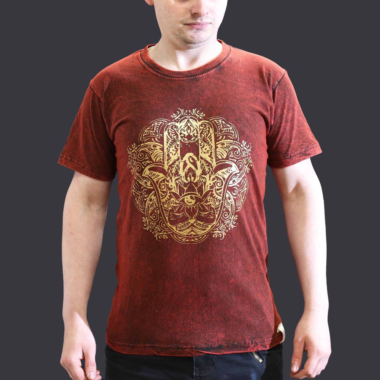 Small Stone Washed T-Shirt - Hamsa - Maroon