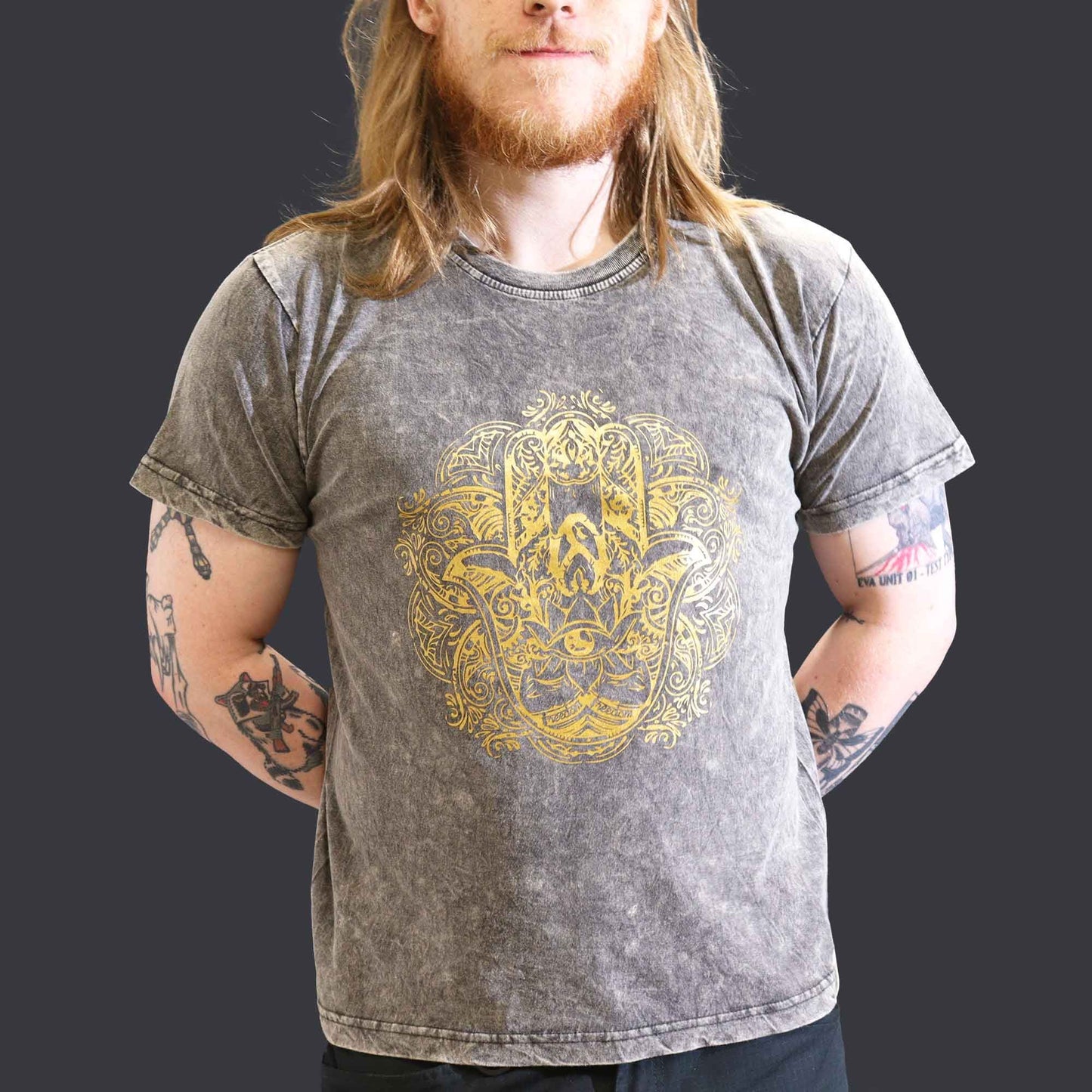 Large Stone Washed T-Shirt - Hamsa - Dark Grey