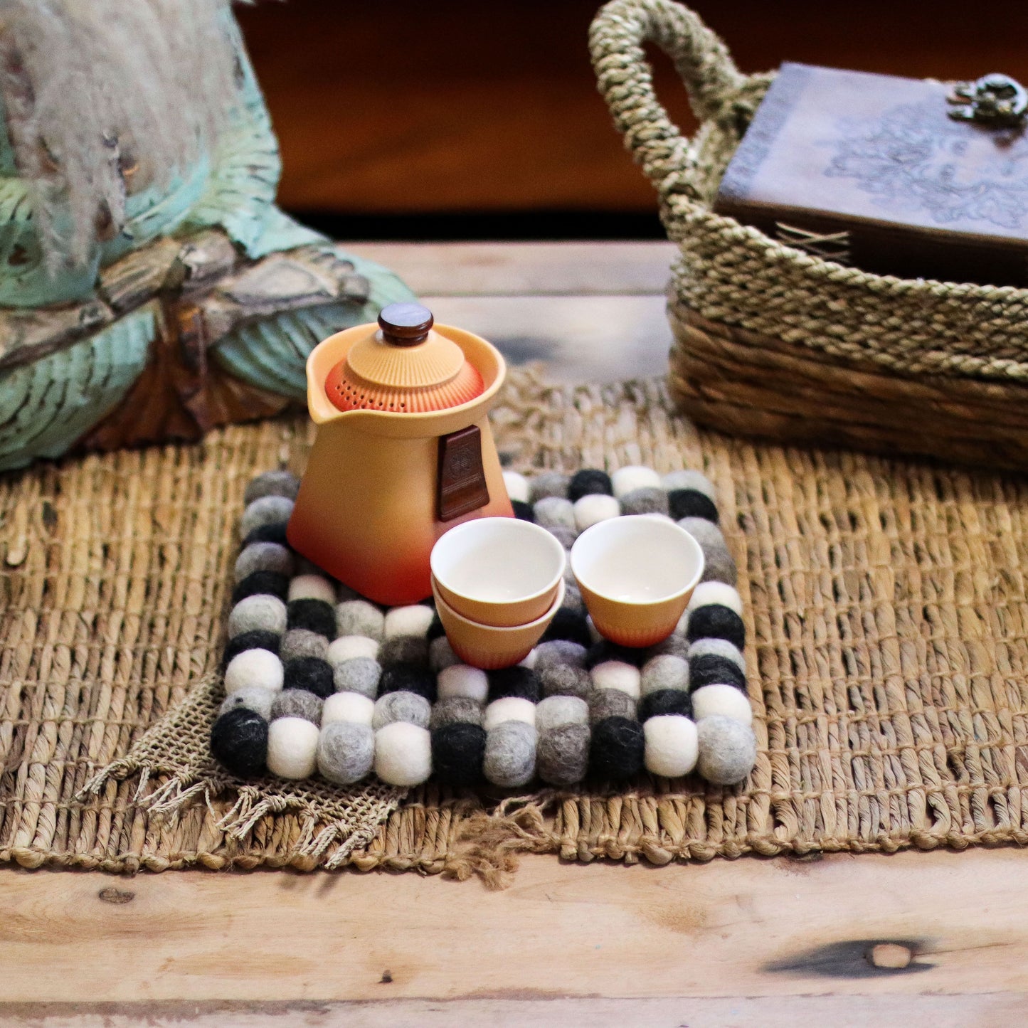 Felt Ball Square Placemat -Multi  Grey Colour