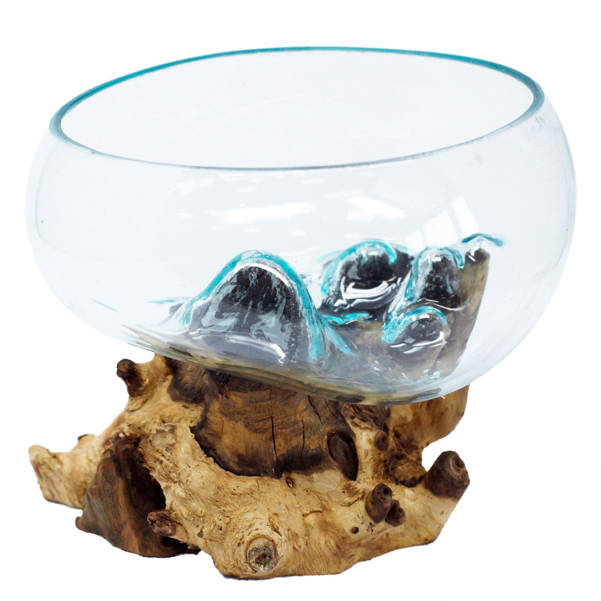 Large open molten glass bowl set on a wooden base, a beautiful handcrafted gift