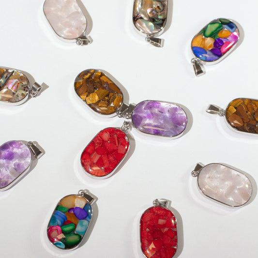 Steel Cased Pendant Ovals - 12 Assorted Gemstone Chips & Shells