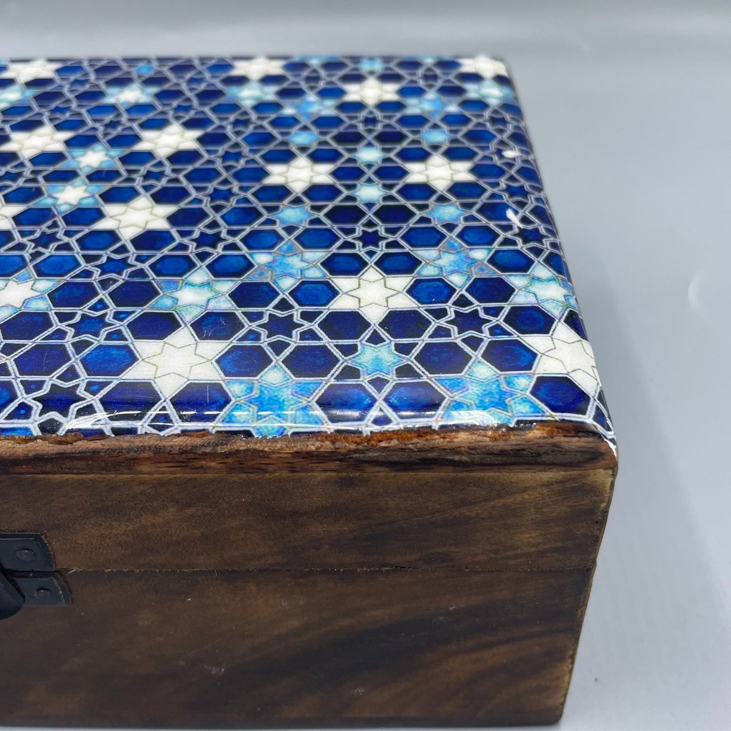 Large Ceramic Glazed Wood Box - 20x15x7.5cm - Blue Stars