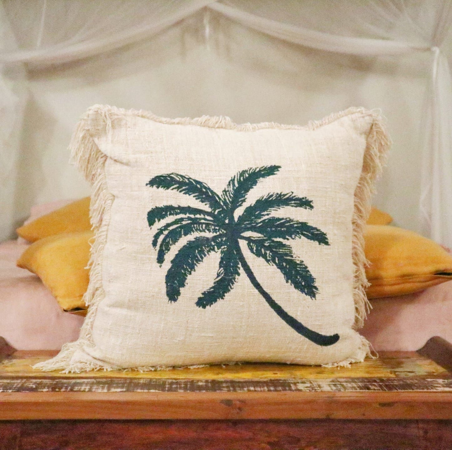 Linen Cushion Cover 60x60cm Palm Tree  with Fringe