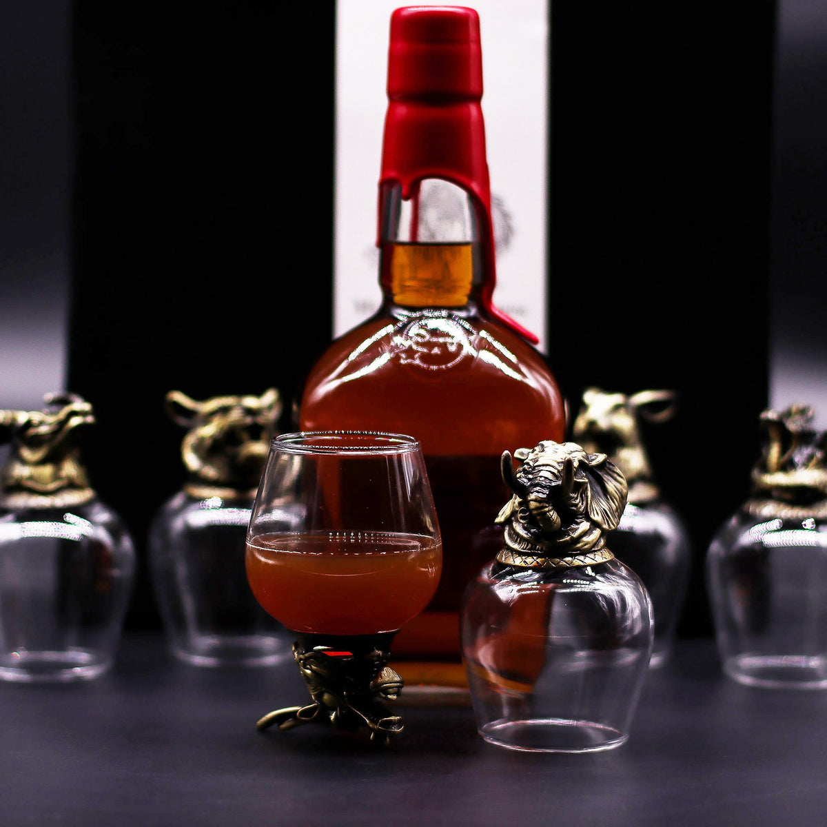 Set of 6 antique bronze 100ml glasses with mystical creatures design, an elegant gift set