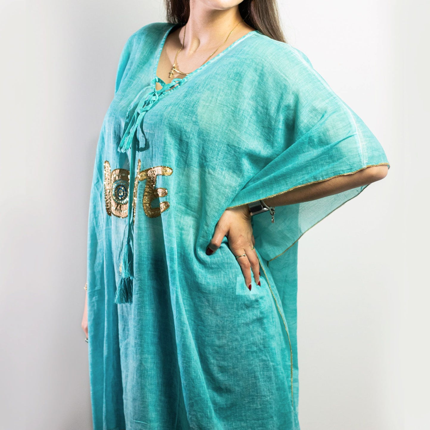Nomad Sari On the Med Collection - Kaftan - Turquoise & Gold Love Design