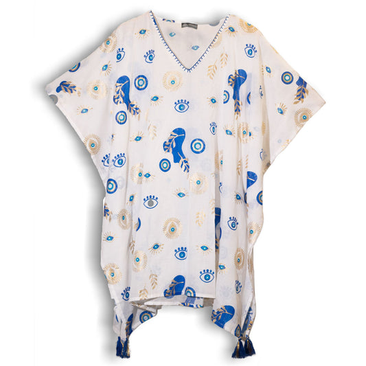 Nomad Sari On the Med Collection - Kaftan - White , Blue & Gold Evil Eye Design
