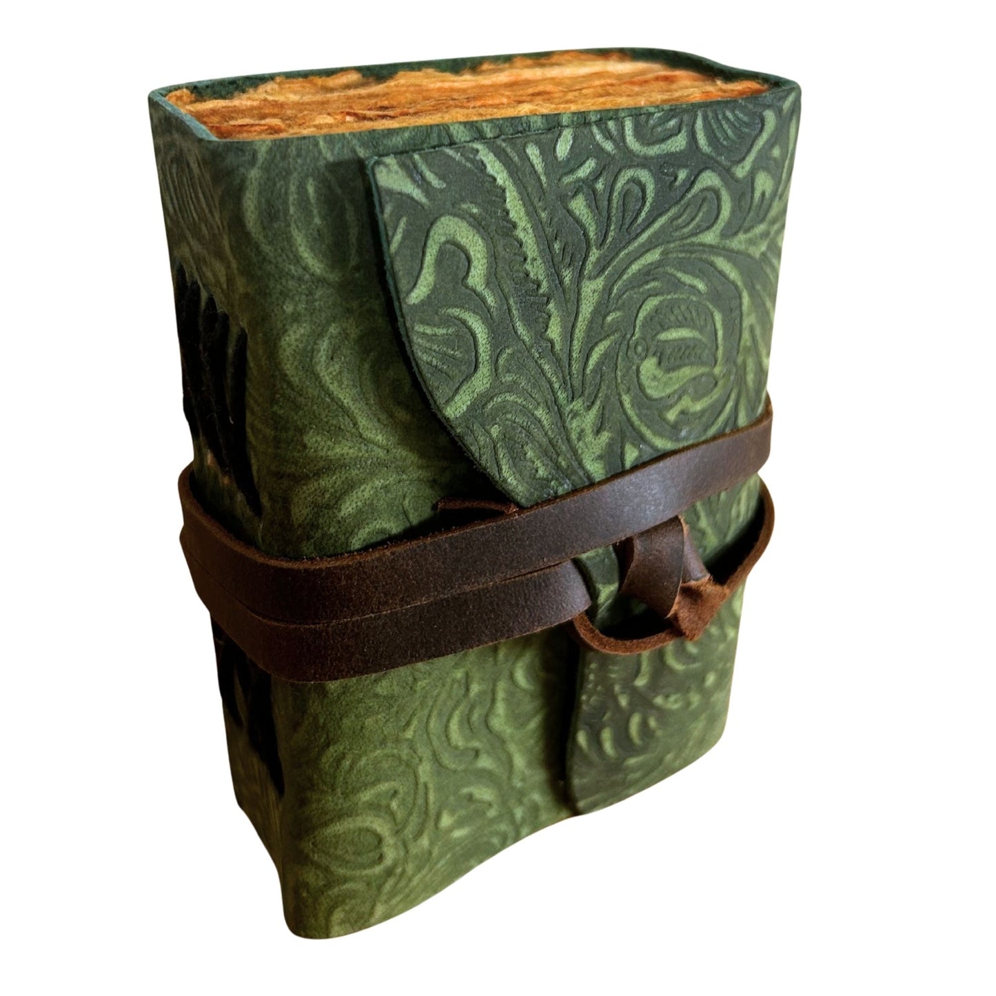 Fat Deckled Leather Notebook – Green Maze Pattern – 12.7×8.9 cm