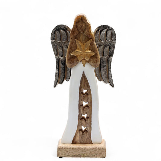 Large Mango Wood Star Angel Metal Wings & Enamel Detail