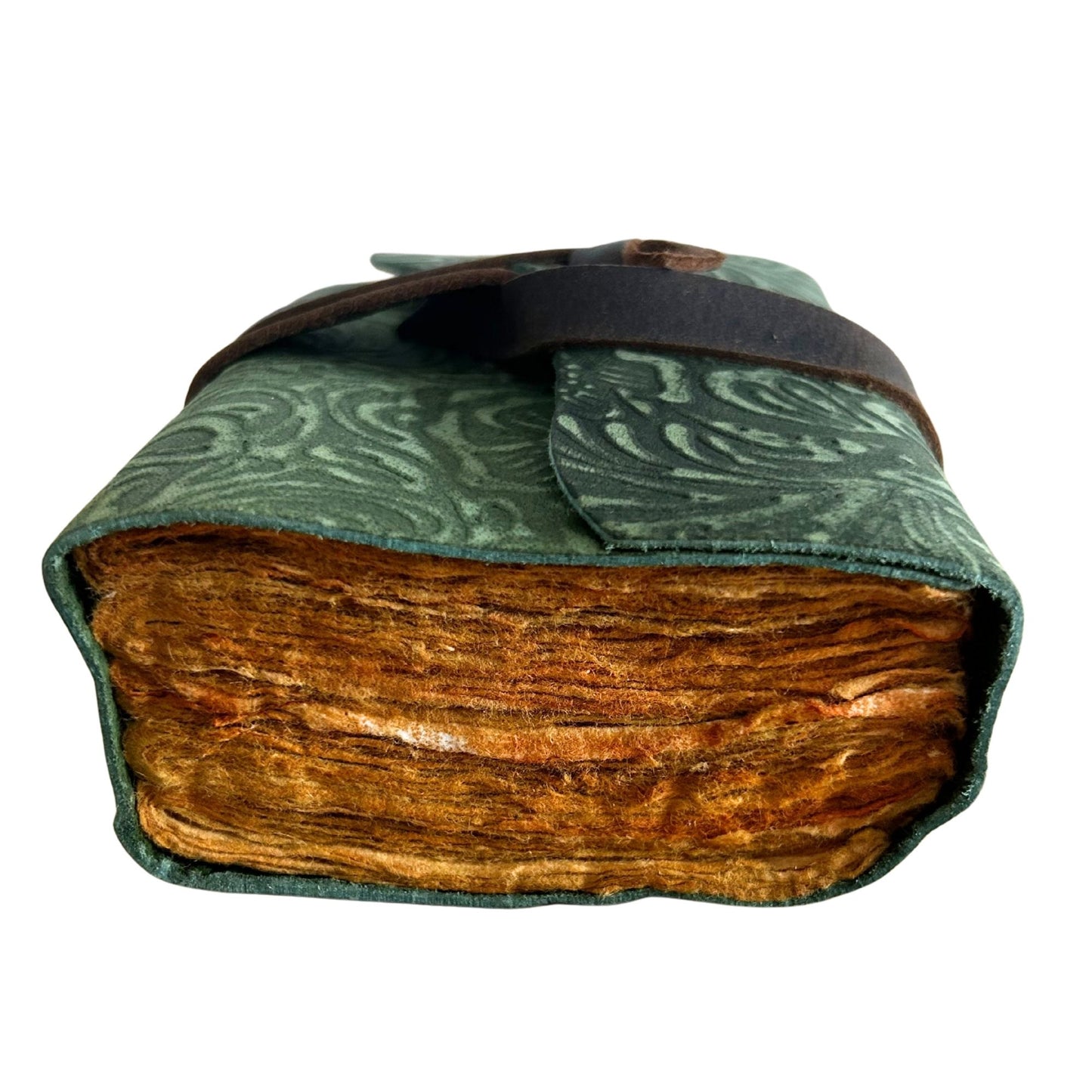 Fat Deckled Leather Notebook – Green Maze Pattern – 12.7×8.9 cm