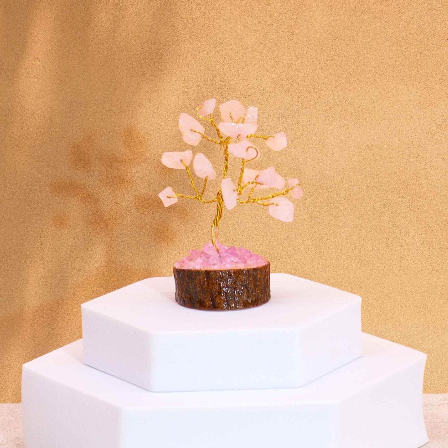 Mini Gemstone Tree On Wood Base - Rose Quartz (15 stones)