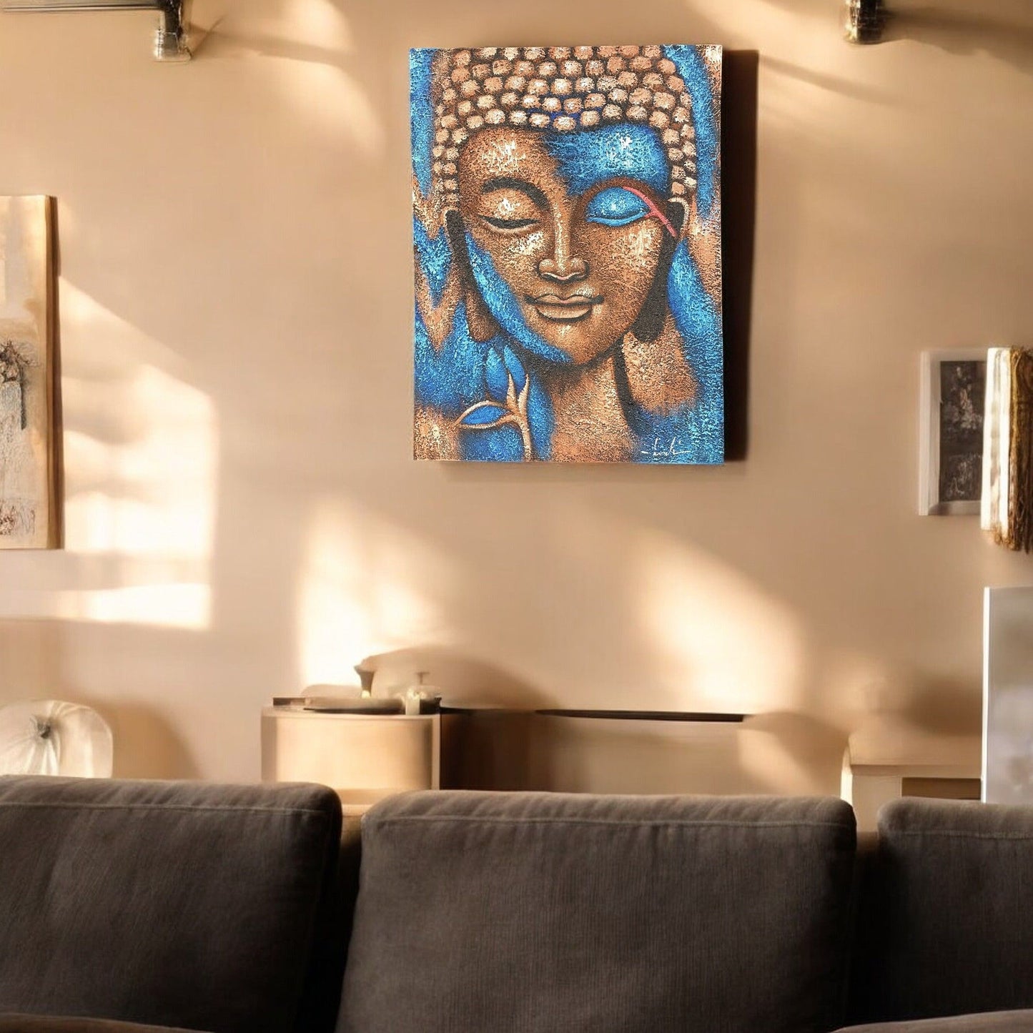 Buddha Painting - Bronze & Blue Flower 75x55cm